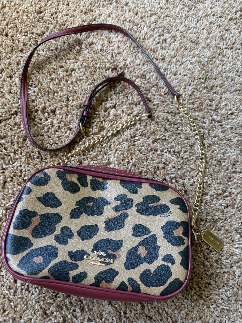 Coach Leopard Print Crossbody with Burgundy Trim and Gold Chain